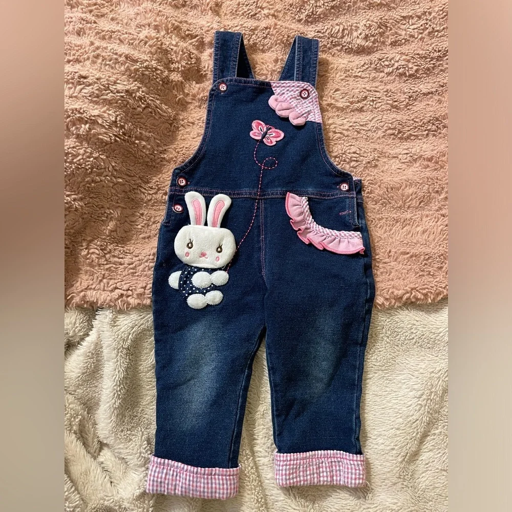 EUC Vintage Kids Denim Overalls with Bunny and Pink Accents